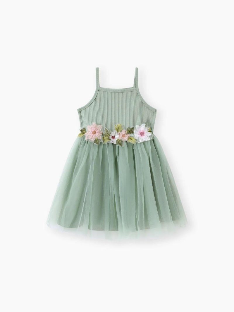 Dresses | Toddler Girls Sweet Floral Decor Ribbed Panel Mesh Overlay Fairy Dress Green