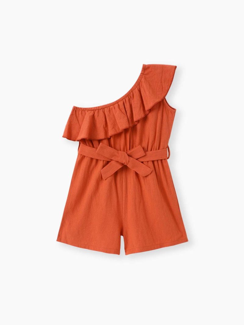 Jumpsuits | Toddler Girls 100% Cotton One Shoulder Flounce Belted Romper Jumpsuit Shorts Orange|Lightarmygreen