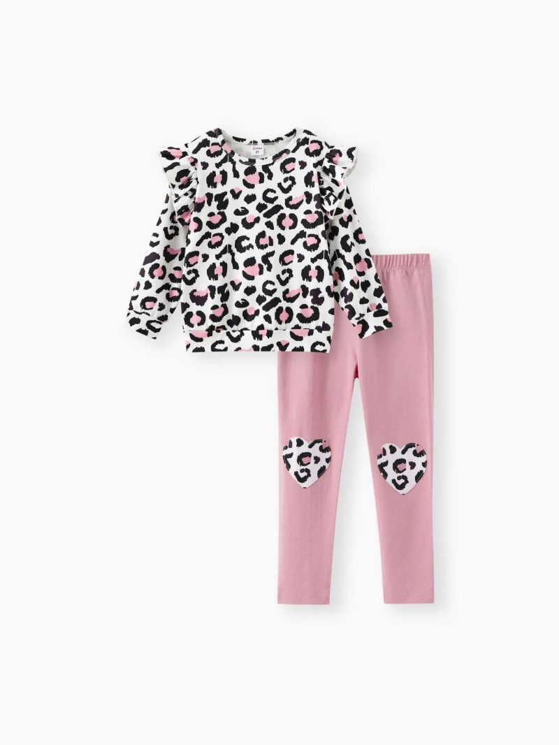 Sets | Toddler Girls 2-piece Leopard Print Flutter Long-sleeve Top and Heart Pattern Pants Set Light Pink|Ginger|Brown|Black