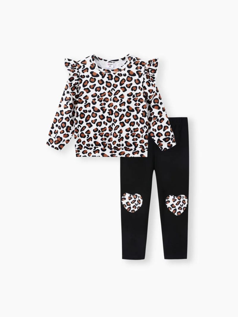 Sets | Toddler Girls 2-piece Leopard Print Flutter Long-sleeve Top and Heart Pattern Pants Set Light Pink|Ginger|Brown|Black