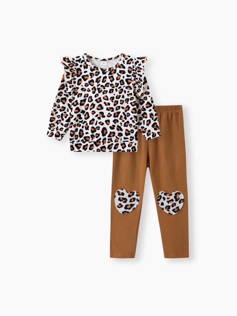 Sets | Toddler Girls 2-piece Leopard Print Flutter Long-sleeve Top and Heart Pattern Pants Set Light Pink|Ginger|Brown|Black