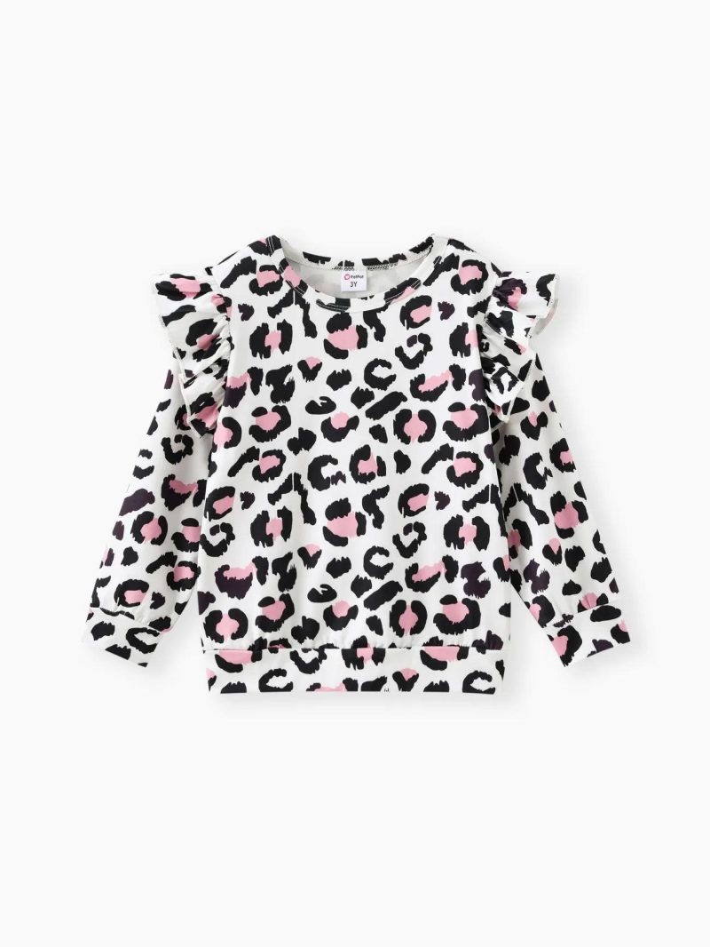 Sets | Toddler Girls 2-piece Leopard Print Flutter Long-sleeve Top and Heart Pattern Pants Set Light Pink|Ginger|Brown|Black