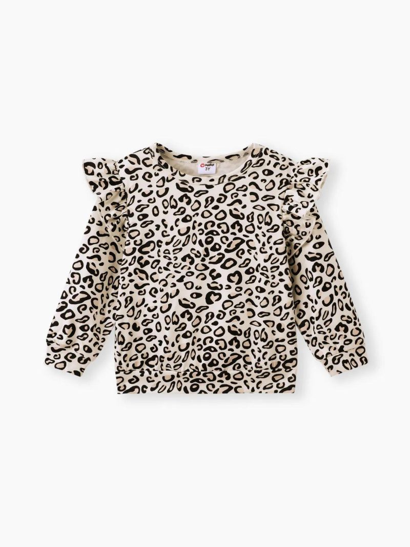 Sets | Toddler Girls 2-piece Leopard Print Flutter Long-sleeve Top and Heart Pattern Pants Set Light Pink|Ginger|Brown|Black