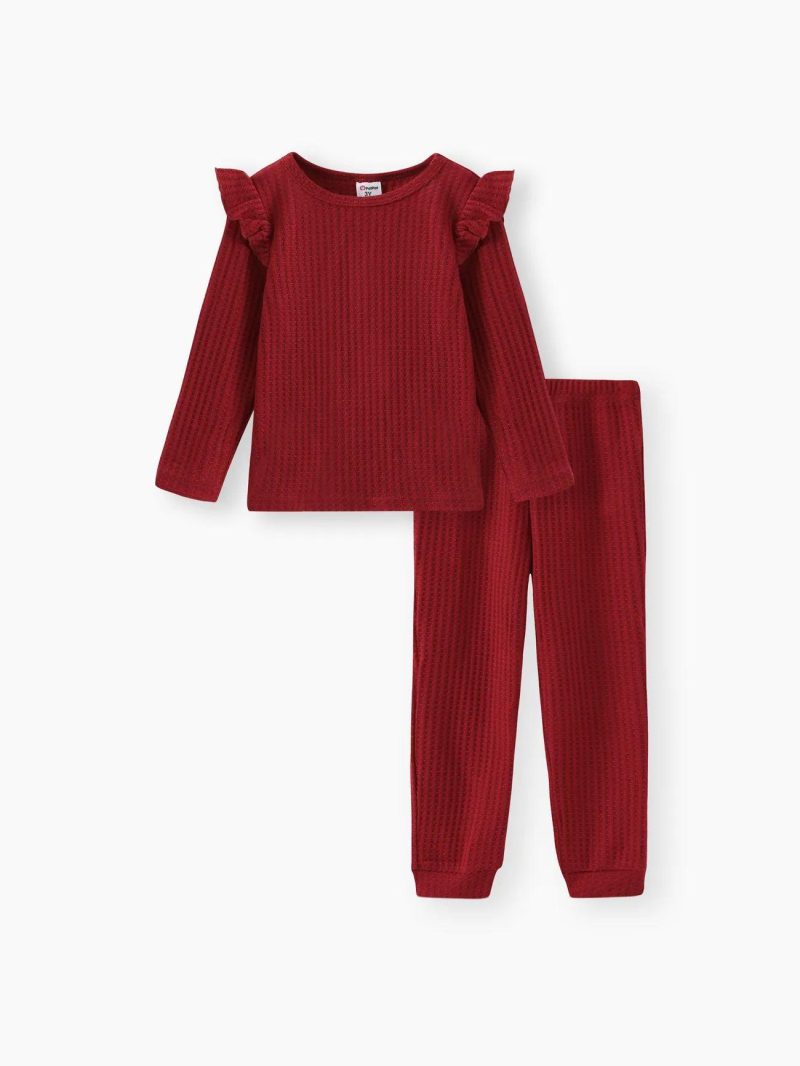 Sets | Toddler Girls 2-piece Ruffled Textured Long-sleeve Top and Solid Color Pants Set Burgundy|Apricot