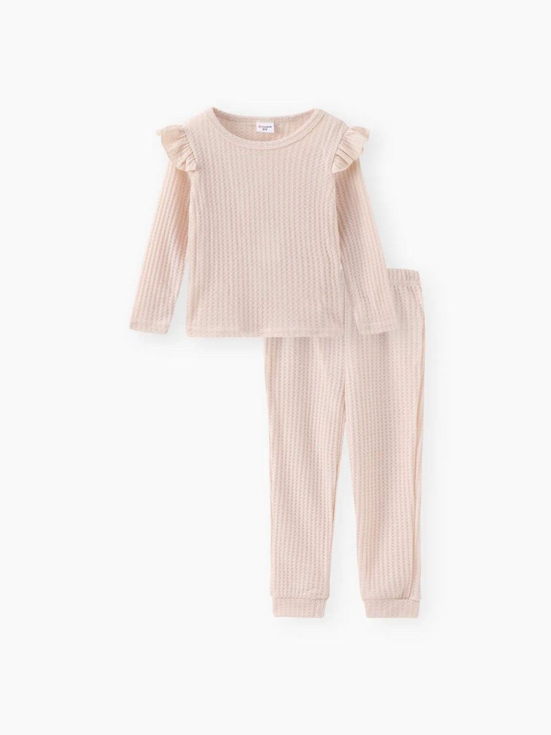 Sets | Toddler Girls 2-piece Ruffled Textured Long-sleeve Top and Solid Color Pants Set Burgundy|Apricot