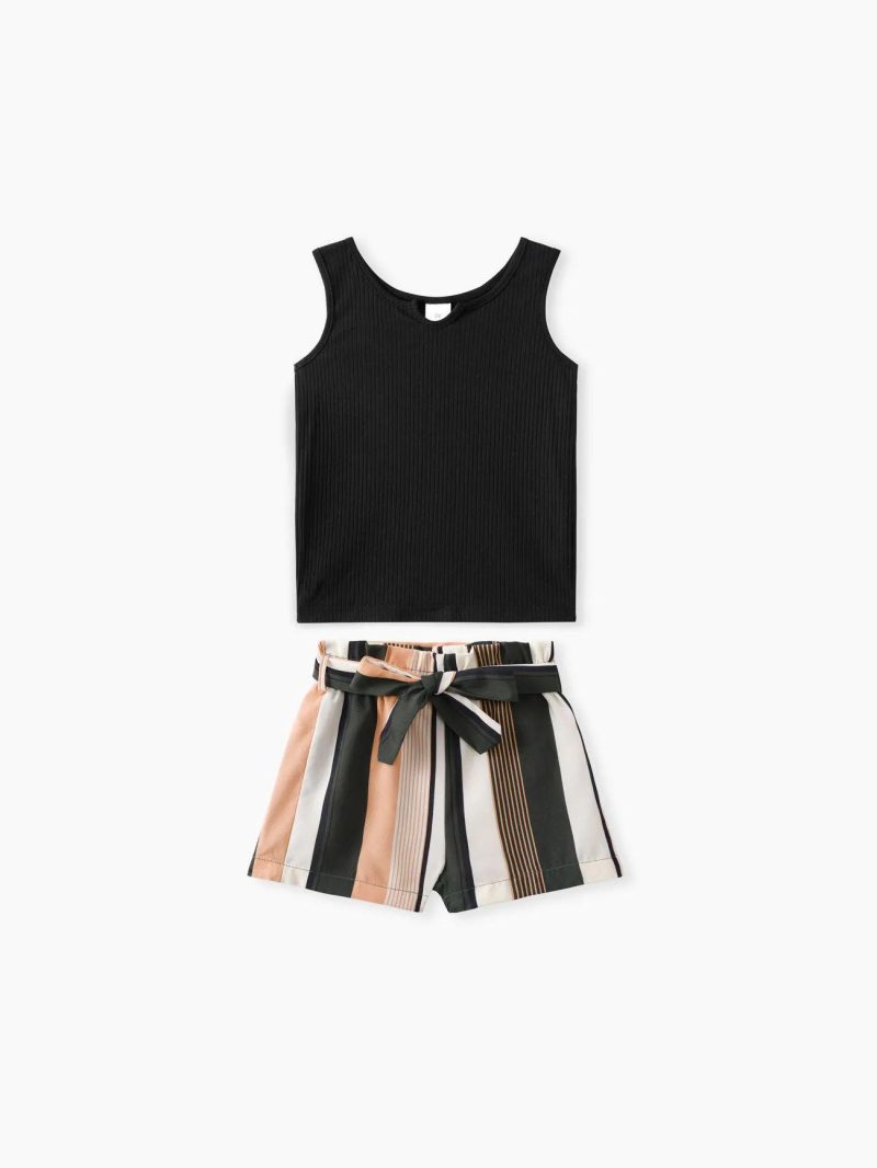 Sets | Toddler Girls 2pcs Boho Ribbed Tank Top and Stripe Belted Shorts Set Black