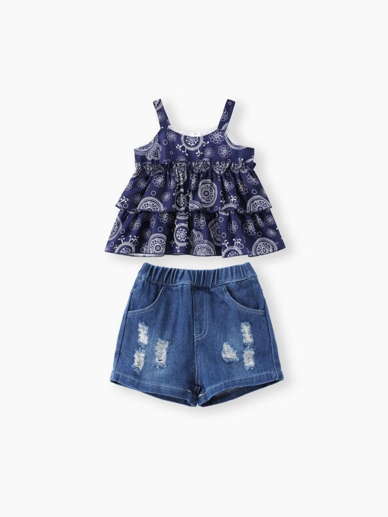 Sets | Toddler Girls 2pcs Boho Ripped Denim Shorts and Exotic Graphic Camisole Set Royal Blue