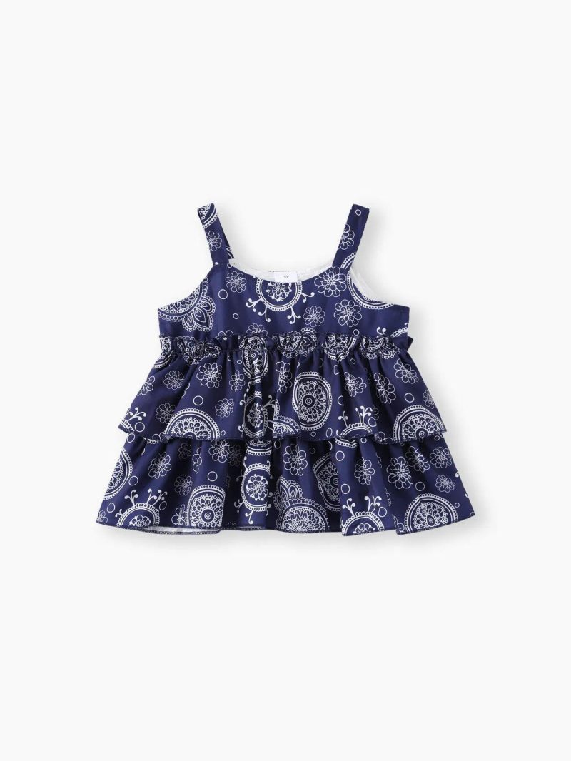 Sets | Toddler Girls 2pcs Boho Ripped Denim Shorts and Exotic Graphic Camisole Set Royal Blue