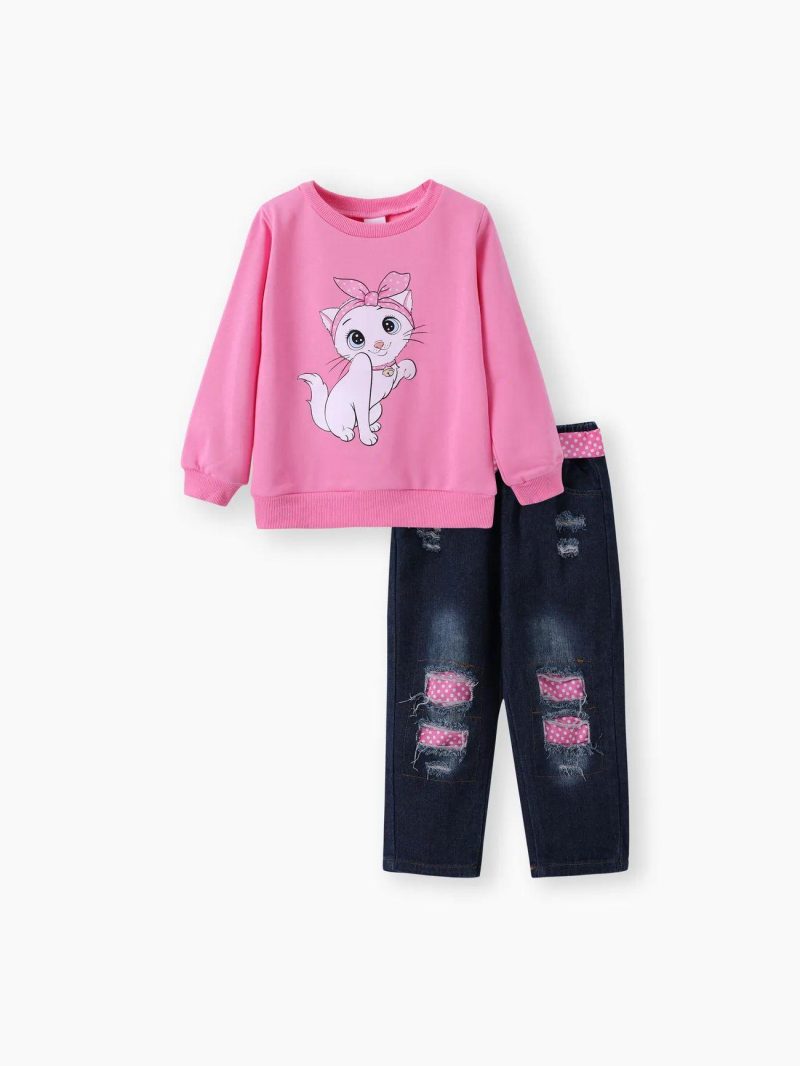 Sets | Toddler Girls 3PCS Childlike Cat Pattern Distressed Patchwork Denim Jean set  Pink