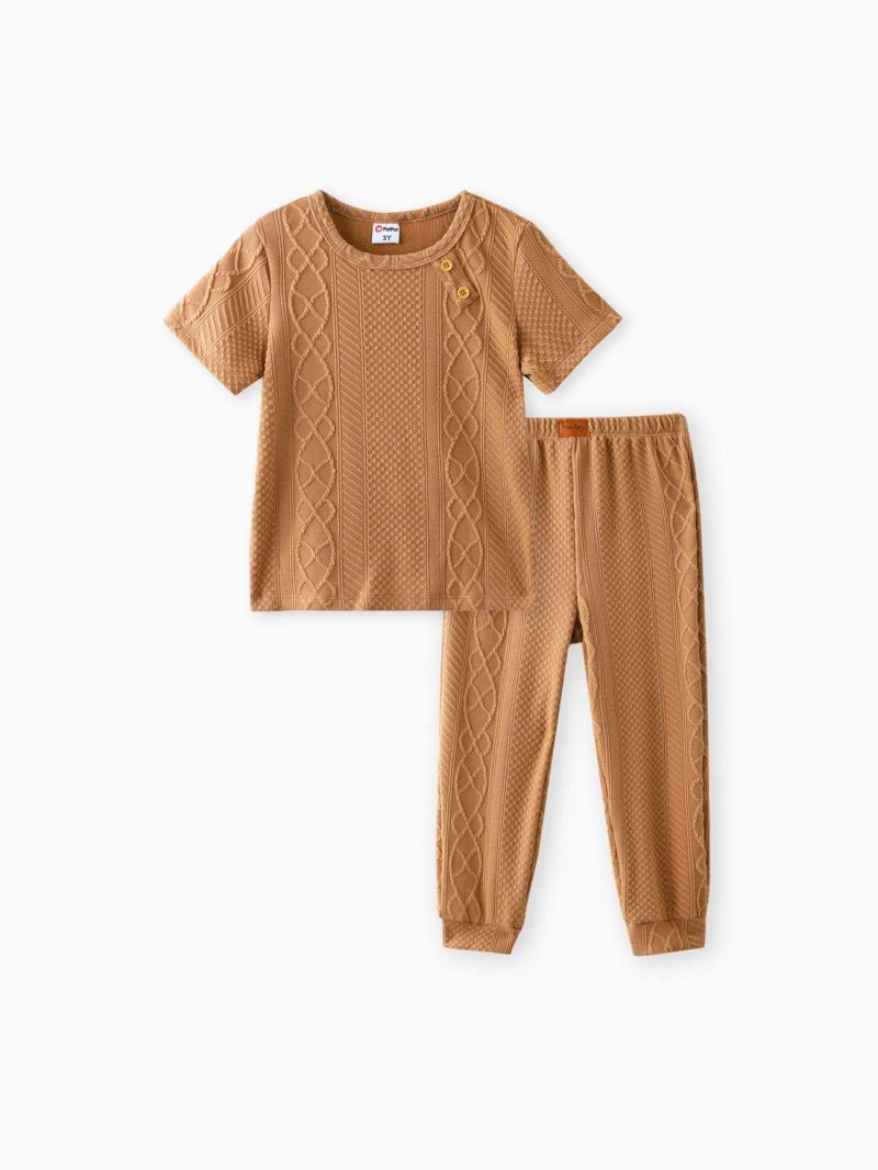 Sets | Toddler Girls|Toddler Boys 2pcs Solid Color Textural Tee and Pants Set White|Brown