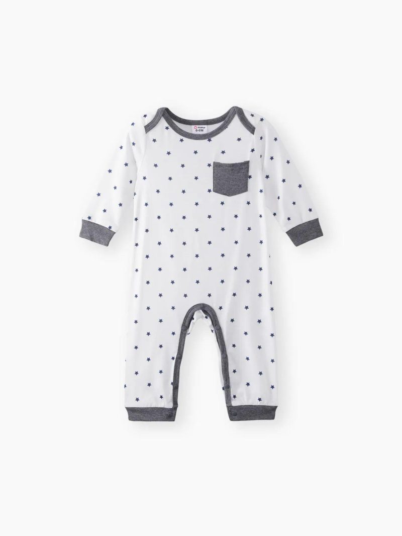 Bodysuits ＆ Rompers | Baby Boys All Over Striped/Star Print Long-sleeve Jumpsuit White|Grey|Dark Blue|Dark Blue,White