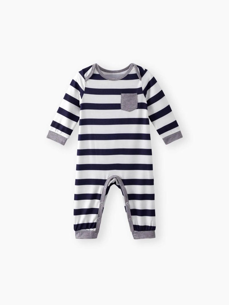 Bodysuits ＆ Rompers | Baby Boys All Over Striped/Star Print Long-sleeve Jumpsuit White|Grey|Dark Blue|Dark Blue,White