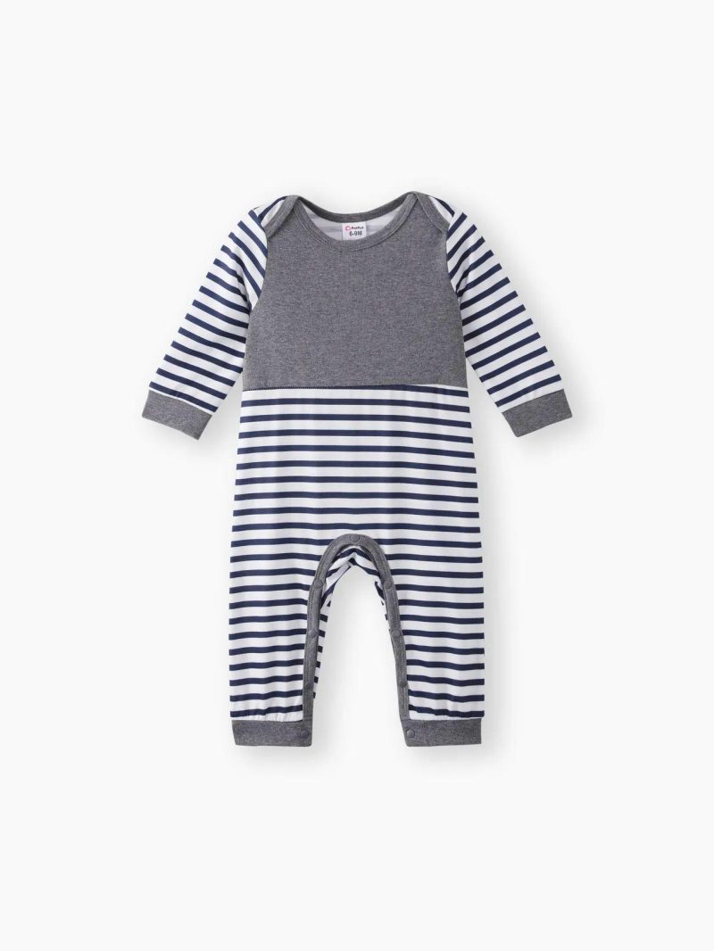 Bodysuits ＆ Rompers | Baby Boys All Over Striped/Star Print Long-sleeve Jumpsuit White|Grey|Dark Blue|Dark Blue,White