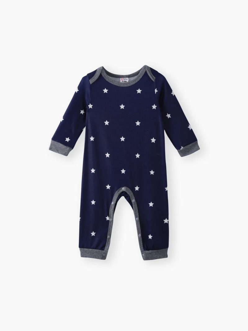 Bodysuits ＆ Rompers | Baby Boys All Over Striped/Star Print Long-sleeve Jumpsuit White|Grey|Dark Blue|Dark Blue,White