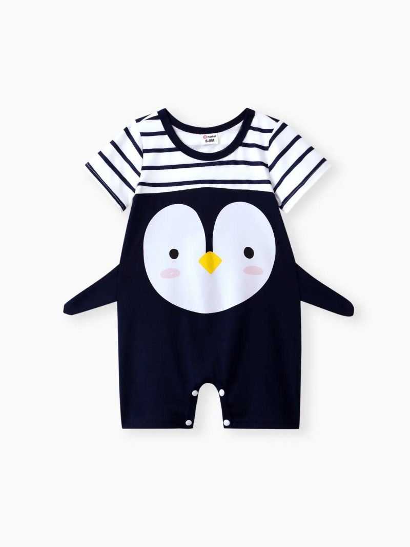 Bodysuits ＆ Rompers | Baby Boys Animal Print Striped Short-sleeve Spliced Romper Navy|Color Block