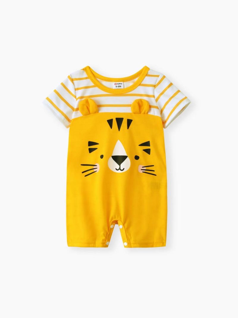 Bodysuits ＆ Rompers | Baby Boys Animal Print Striped Short-sleeve Spliced Romper Navy|Color Block