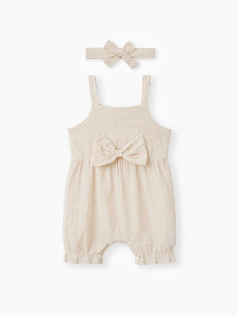 Bodysuits ＆ Rompers | Baby Girls 100% Cotton 2pcs Solid Floral Embroidered Sleeveless Spaghetti Strap Bowknot Jumpsuit with Headband Set Champagne|Ginger