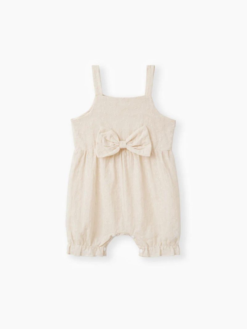 Bodysuits ＆ Rompers | Baby Girls 100% Cotton 2pcs Solid Floral Embroidered Sleeveless Spaghetti Strap Bowknot Jumpsuit with Headband Set Champagne|Ginger