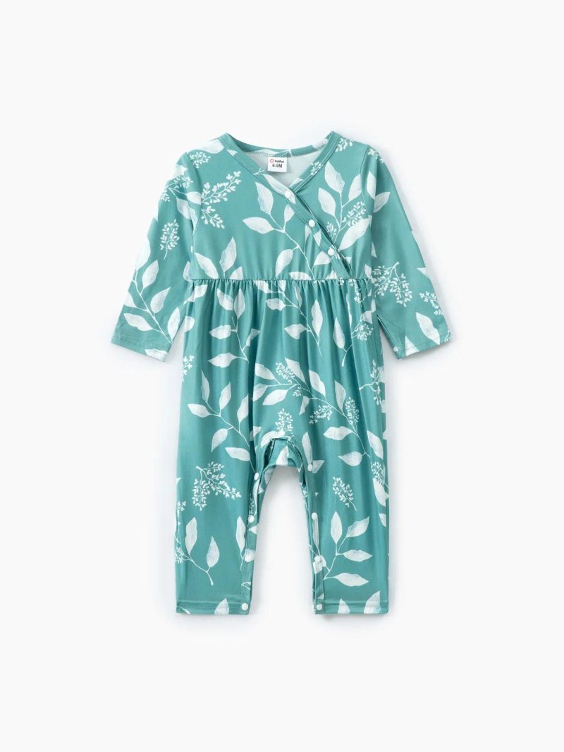 Bodysuits ＆ Rompers | Baby Girls All Over Leaves Print Long-sleeve Snap-up Jumpsuit Light Green