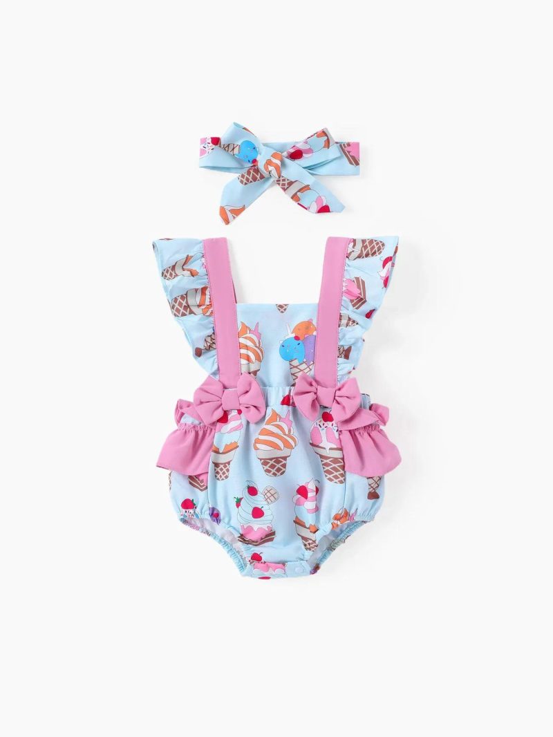 Bodysuits ＆ Rompers | Baby Girls Ice cream Print Ruffled Romper with Headband Colorful