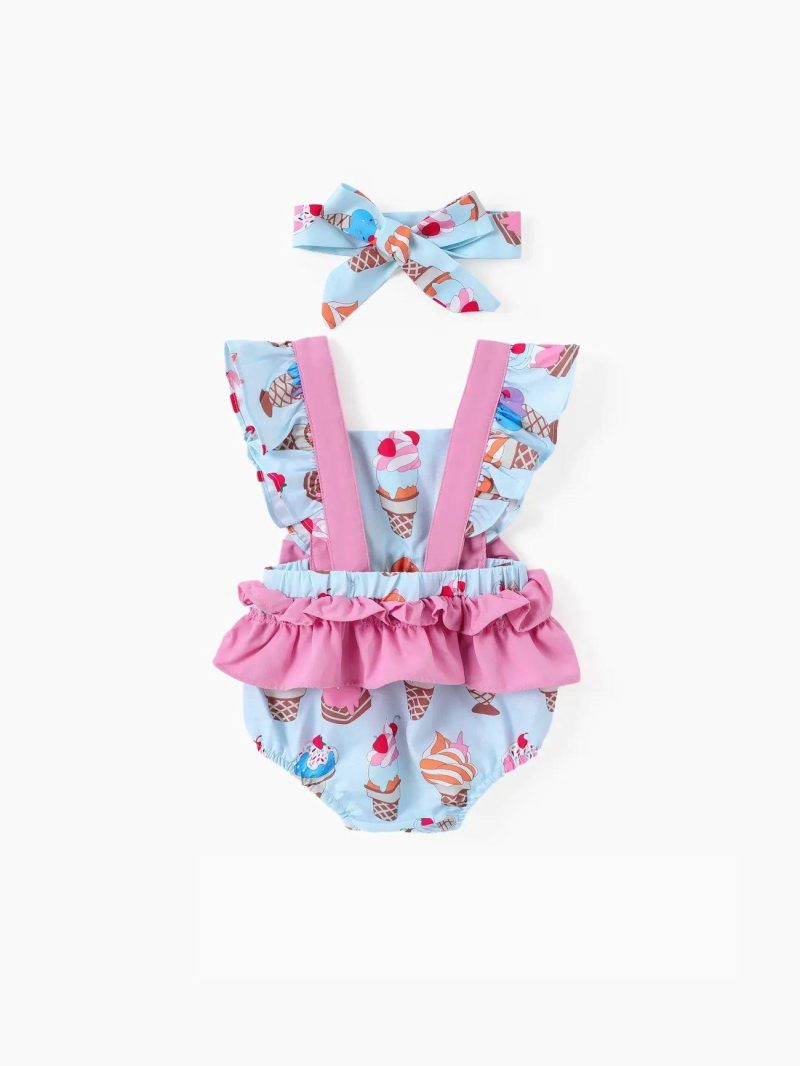 Bodysuits ＆ Rompers | Baby Girls Ice cream Print Ruffled Romper with Headband Colorful