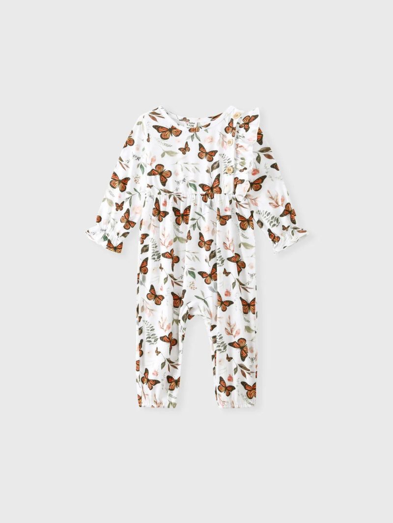 Bodysuits ＆ Rompers | Baby Girls Sweet Butterfly/Solid color/Floral print Jumpsuit, Soft Ruffle Edge, 1 Piece, Medium Thickness, Polyester Spandex Light Green|Brown|Multi-Color|Color Block