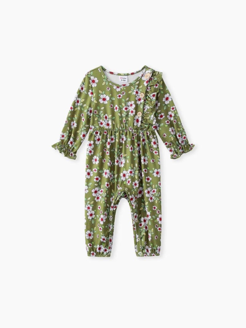 Bodysuits ＆ Rompers | Baby Girls Sweet Butterfly/Solid color/Floral print Jumpsuit, Soft Ruffle Edge, 1 Piece, Medium Thickness, Polyester Spandex Light Green|Brown|Multi-Color|Color Block