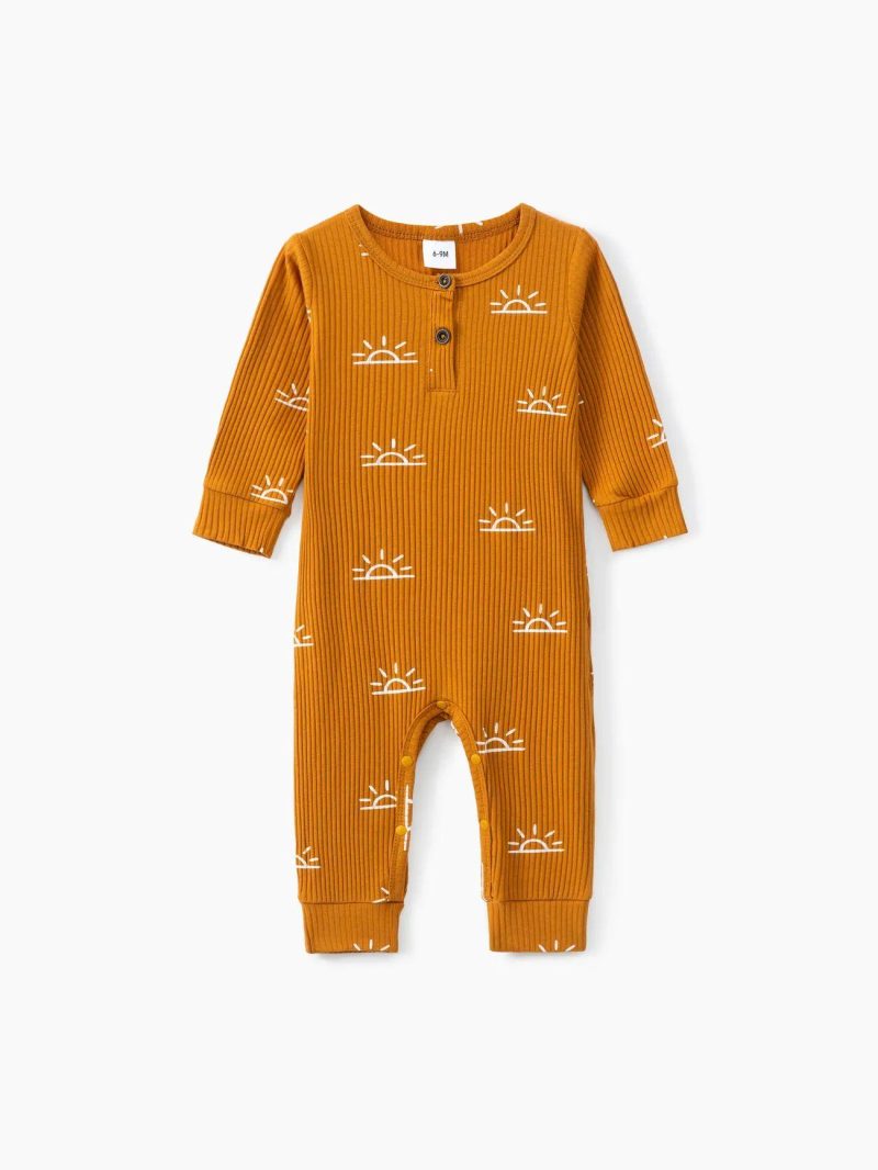 Bodysuits ＆ Rompers | Baby Girls|Baby Boys 95% Cotton Ribbed All Over Sun Print Long-sleeve Jumpsuit Yellow|Apricot