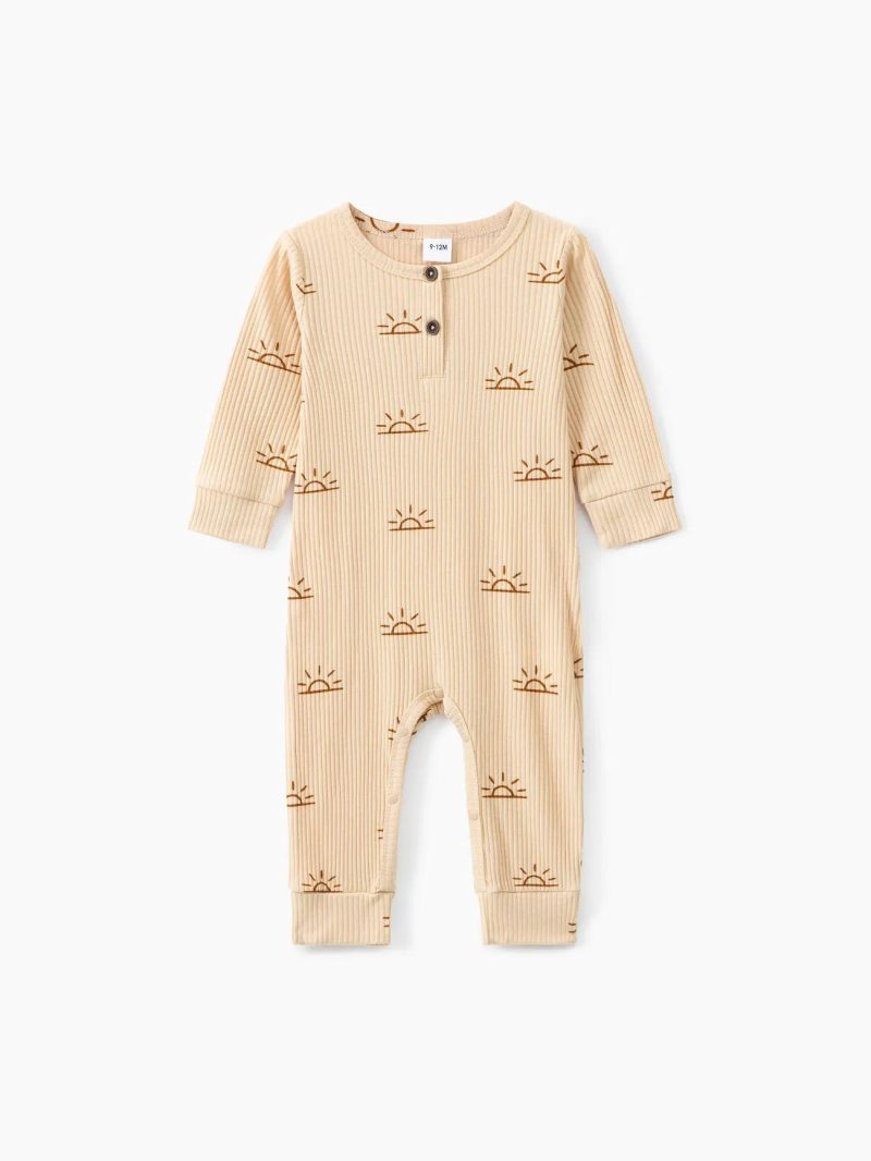 Bodysuits ＆ Rompers | Baby Girls|Baby Boys 95% Cotton Ribbed All Over Sun Print Long-sleeve Jumpsuit Yellow|Apricot