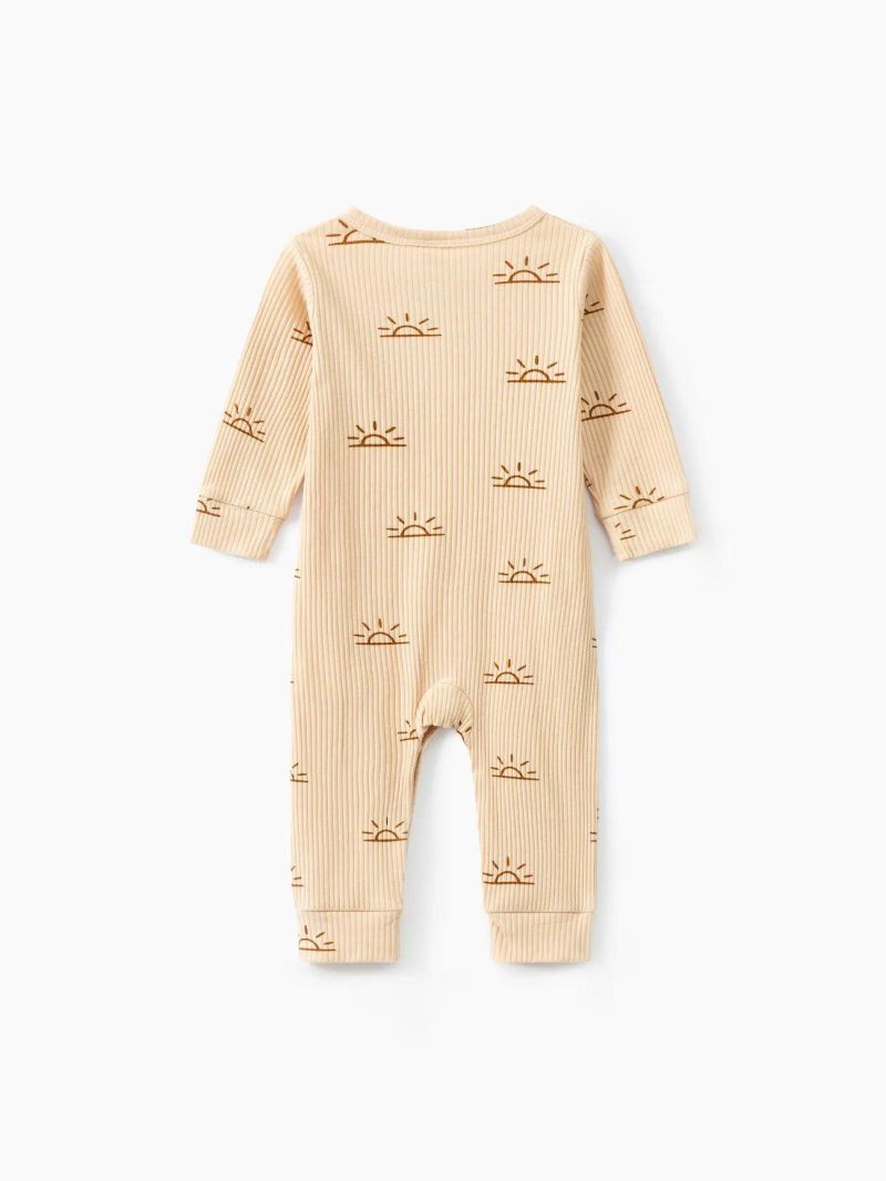 Bodysuits ＆ Rompers | Baby Girls|Baby Boys 95% Cotton Ribbed All Over Sun Print Long-sleeve Jumpsuit Yellow|Apricot