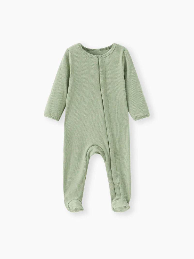 Bodysuits ＆ Rompers | Baby Girls|Baby Boys Ribbed Long-sleeve Footed Snap Jumpsuit Light Green|Beige|Yellow|Brown|Light Purple