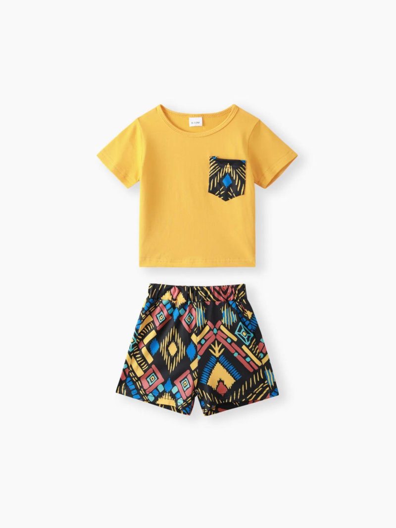 Sets | Baby Boys 2pcs 95% Cotton Short-sleeve Geometric Print T-shirt and Shorts Set Yellow