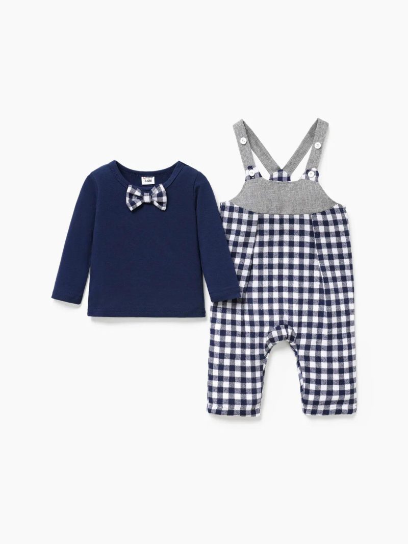 Sets | Baby Boys 2pcs Bowknot Tee and Grid Print Overalls Set Dark Blue