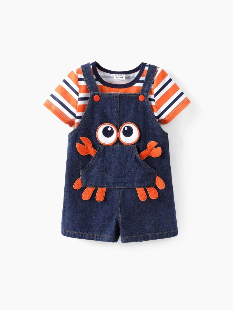 Sets | Baby Boys 2pcs Striped Tee and Crab Embroidery Overalls Set Orange