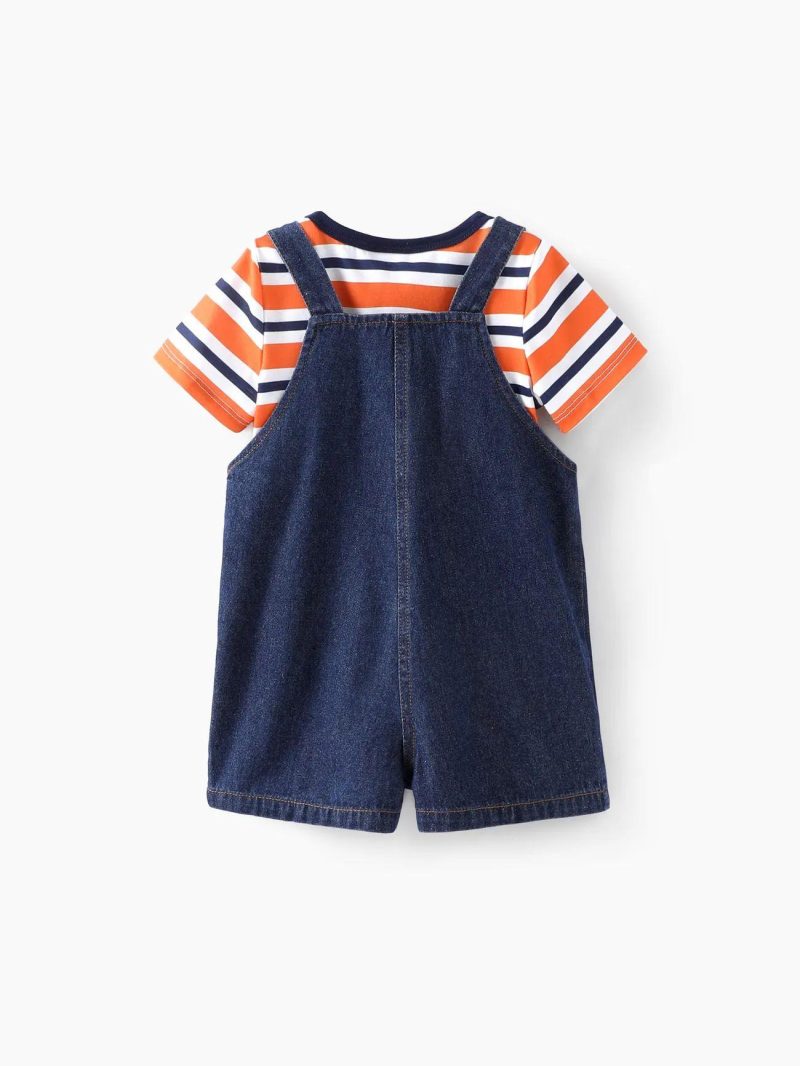 Sets | Baby Boys 2pcs Striped Tee and Crab Embroidery Overalls Set Orange