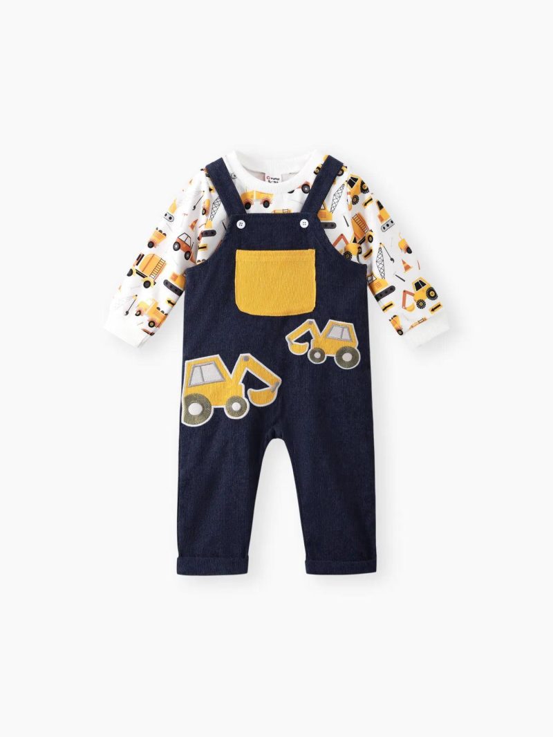 Sets | Baby Boys 2pcs Vehicle Print Dungarees Set Tibetan Blue