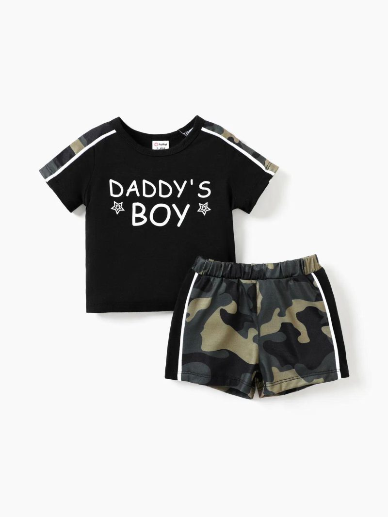 Sets | Baby Boys Camouflage 2pcs Short Sleeve Set – Avant-garde Fabric Stitching Black