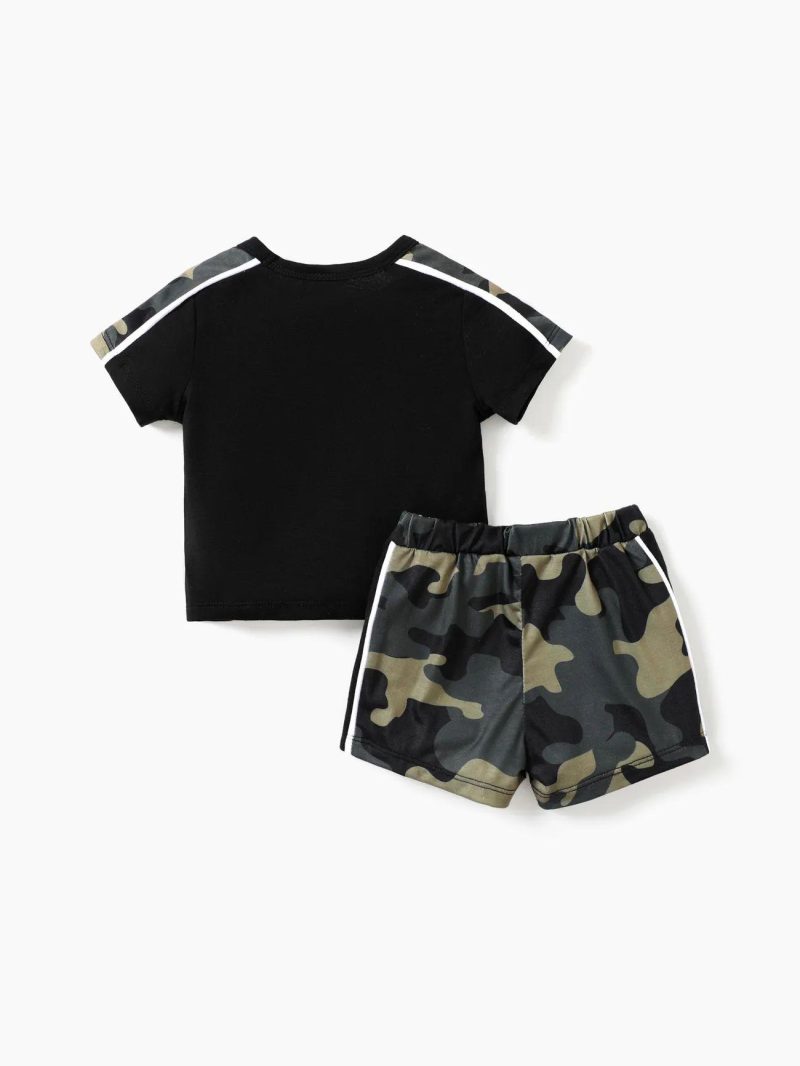 Sets | Baby Boys Camouflage 2pcs Short Sleeve Set – Avant-garde Fabric Stitching Black