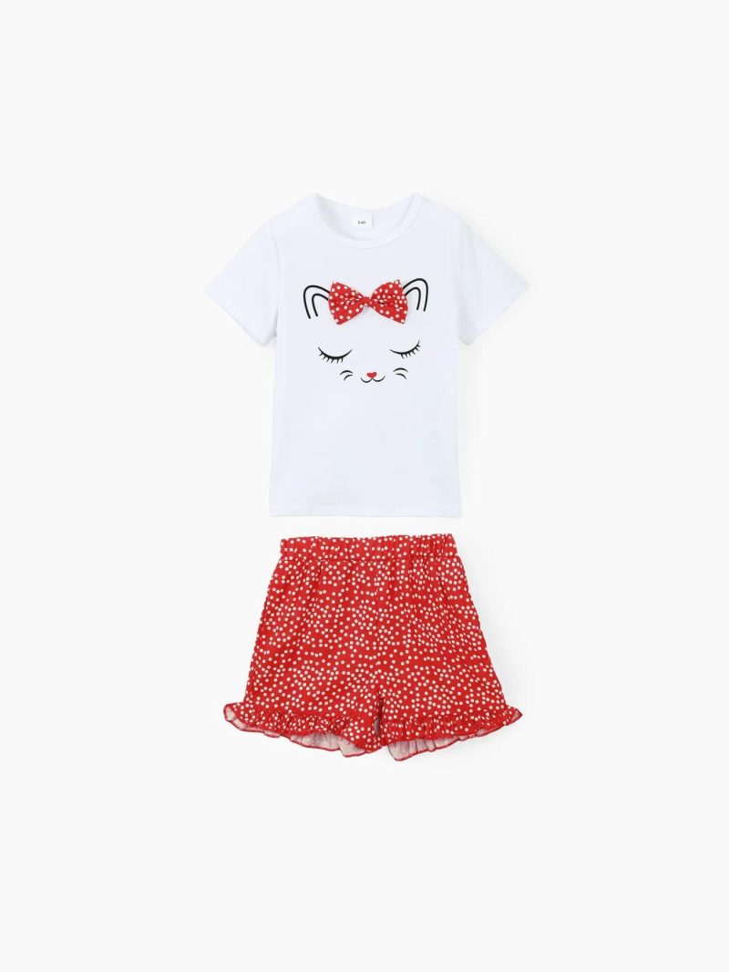 Sets | Toddler Girls 2pcs Playful Bow Decor Cat Print Tee and Dots Pattern Shorts Set White|Yellow