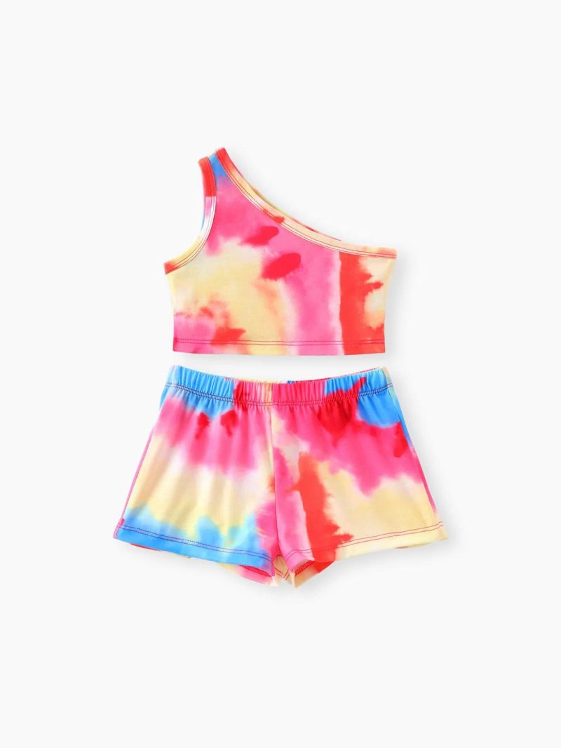 Sets | Toddler Girls 2pcs Tie Dye One-Shoulder Top and Shorts Set Colorful|Orange Color