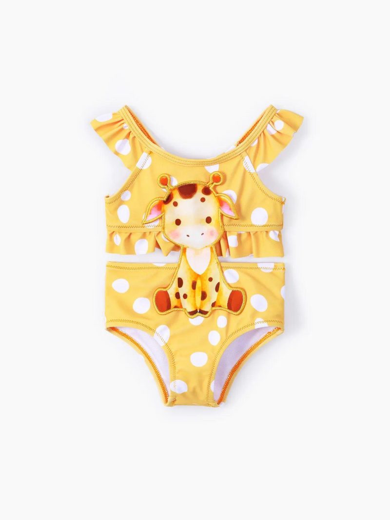 Swimwear | Baby Girls Giraffe Embroidery Ruffled Swimsuit Yellow