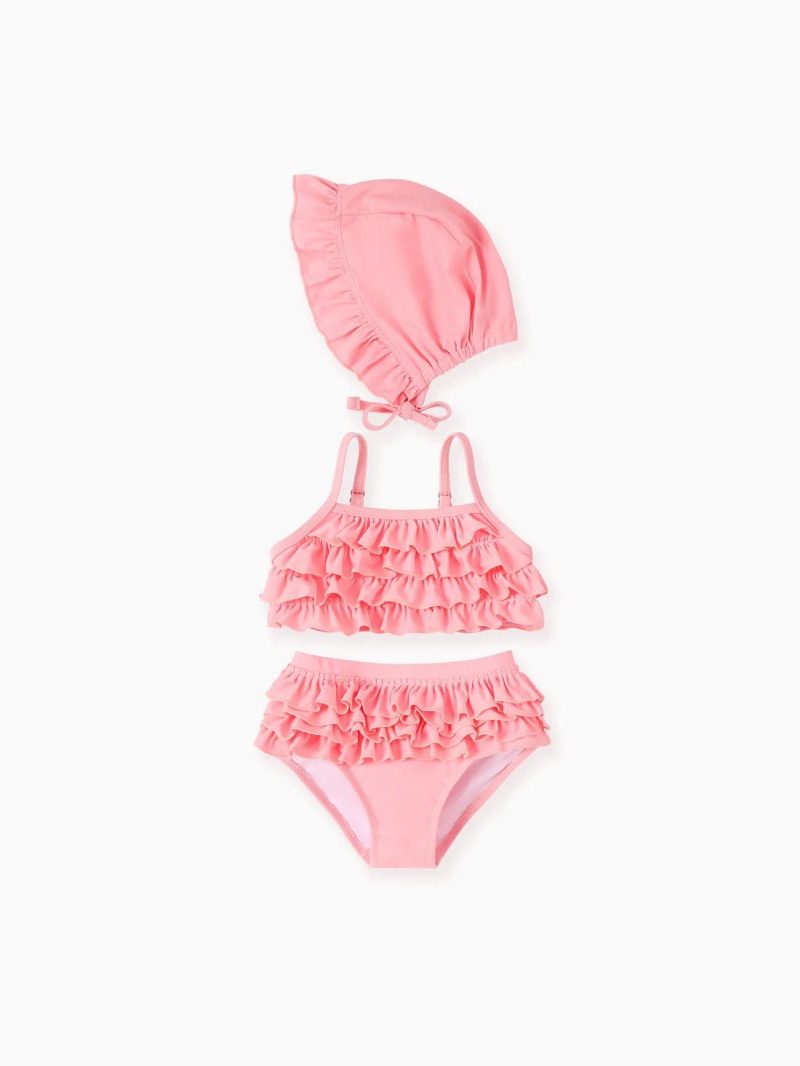 Swimwear | Baby Girls Sweet Ruffle Edge 3-Piece Polyester Spandex Swimsuit Set Pink