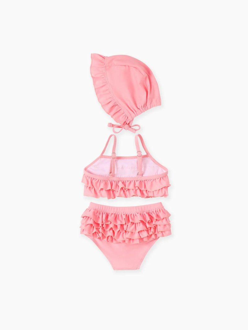 Swimwear | Baby Girls Sweet Ruffle Edge 3-Piece Polyester Spandex Swimsuit Set Pink