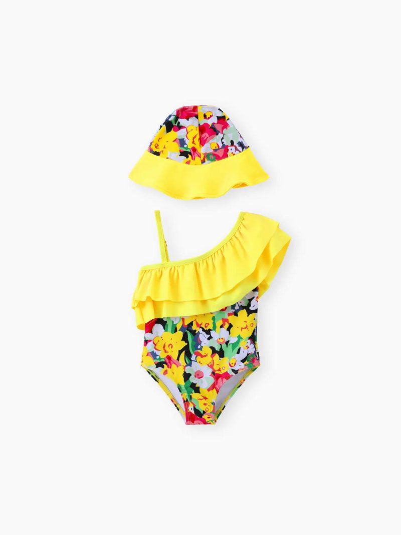 Swimwear | Baby Girls Sweet Tropical Ruffle Girl Swimsuit Set – 2pcs Yellow