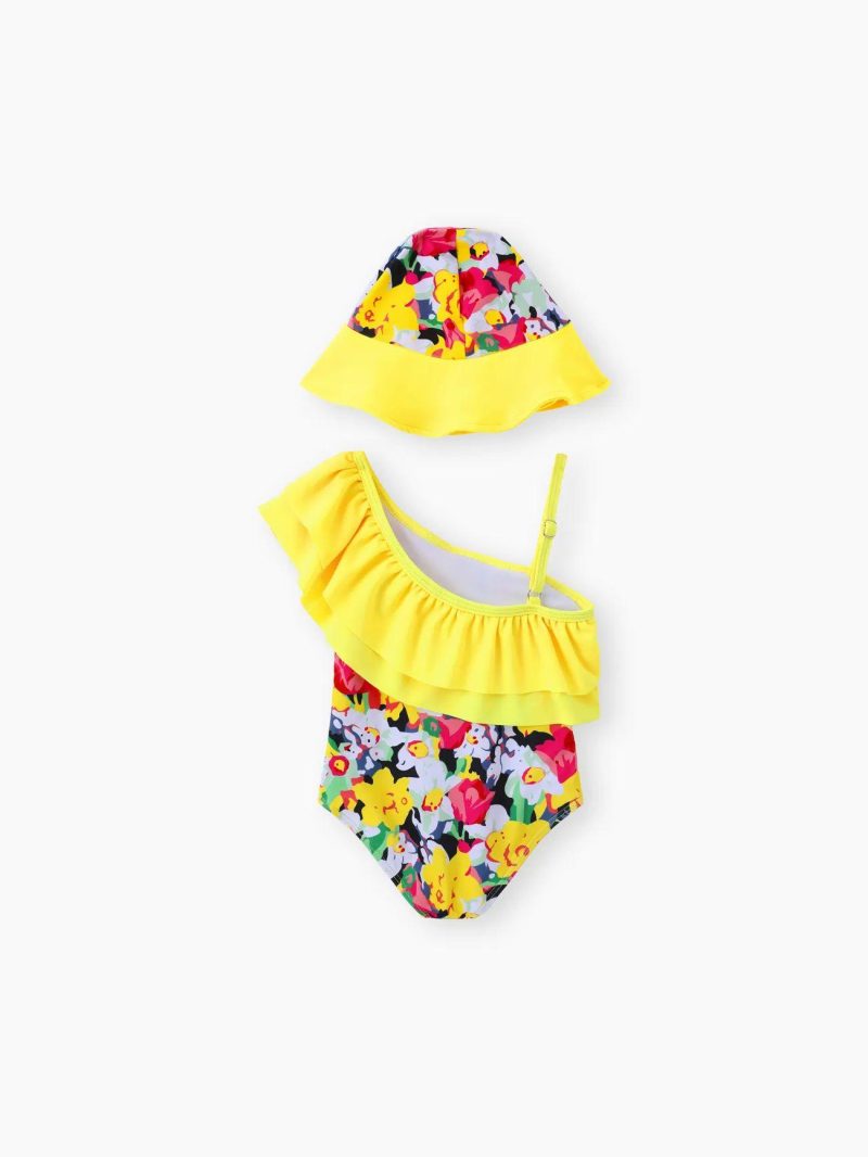 Swimwear | Baby Girls Sweet Tropical Ruffle Girl Swimsuit Set – 2pcs Yellow