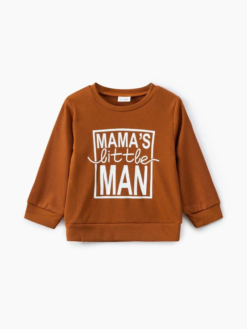 Tops ＆ Outerwear | Baby Boys Letter Print Coffee Ribbed Long-sleeve Sweatshirt White|Coffee