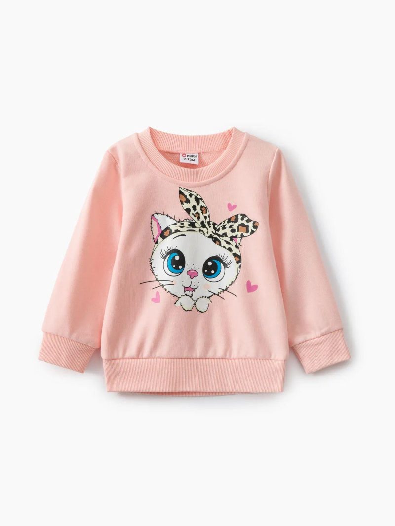 Tops ＆ Outerwear | Baby Girls Cat Print Long-sleeve Pullover Sweatshirt Pink|Flecked Grey