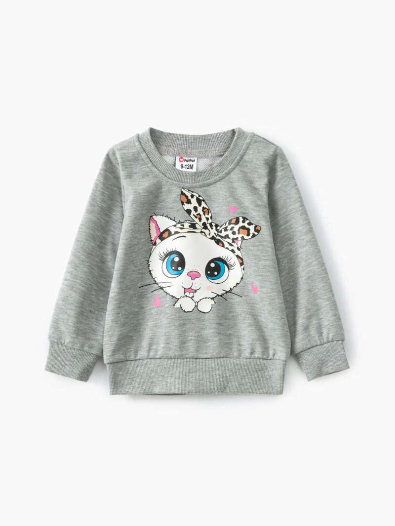 Tops ＆ Outerwear | Baby Girls Cat Print Long-sleeve Pullover Sweatshirt Pink|Flecked Grey