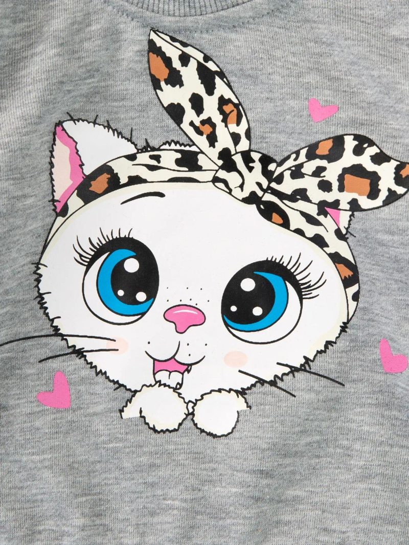 Tops ＆ Outerwear | Baby Girls Cat Print Long-sleeve Pullover Sweatshirt Pink|Flecked Grey