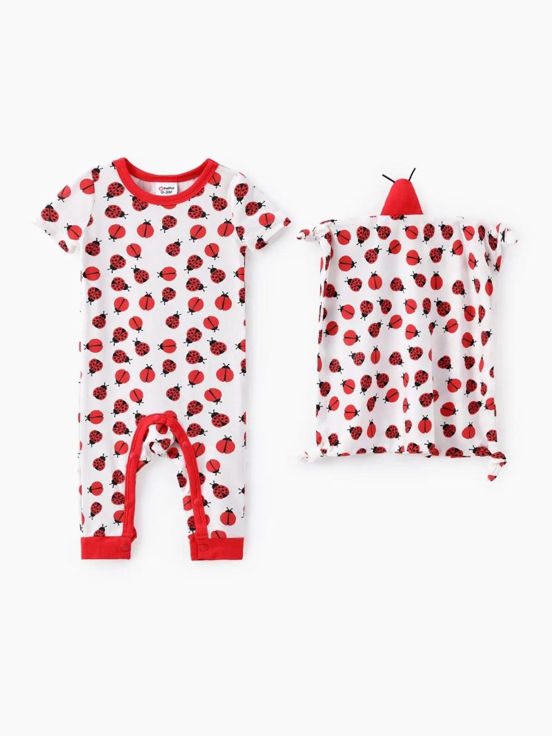 Bodysuits ＆ Rompers | Baby Girls|Baby Boys 2pcs Bamboo Fabric Ladybug Print Jumpsuit with Soothing Towel Red,White